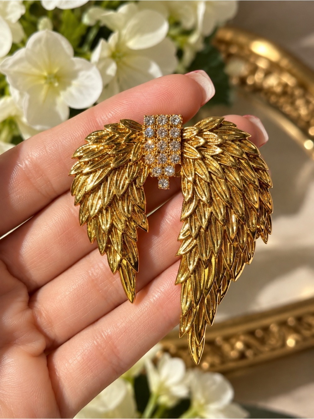 Gold Angel Wing Crystal Drop Earrings
